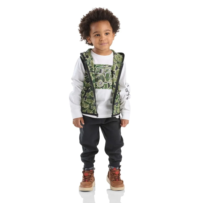 3-delige set voor jongens met camouflagevest, T-shirt met lange armstukken en broek (peuters)