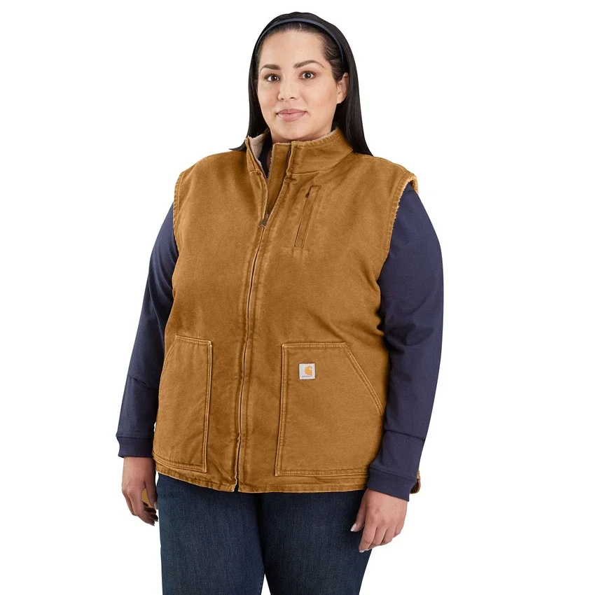 Damesvest met gewassen katoen en sherpa-voering, met opstaande kraag