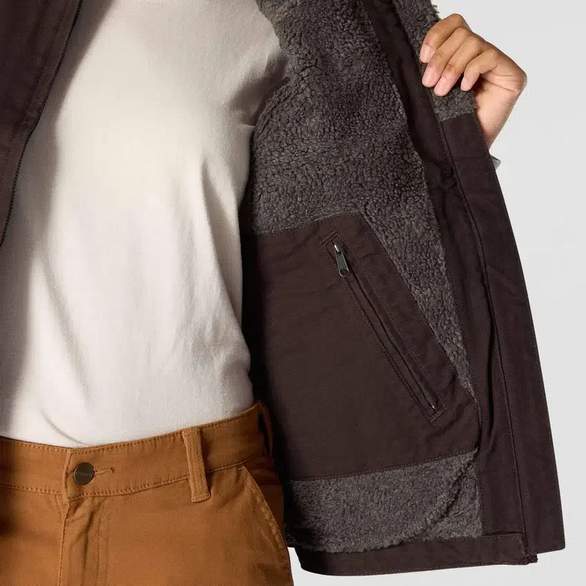 Damesvest met gewassen katoen en sherpa-voering, met opstaande kraag