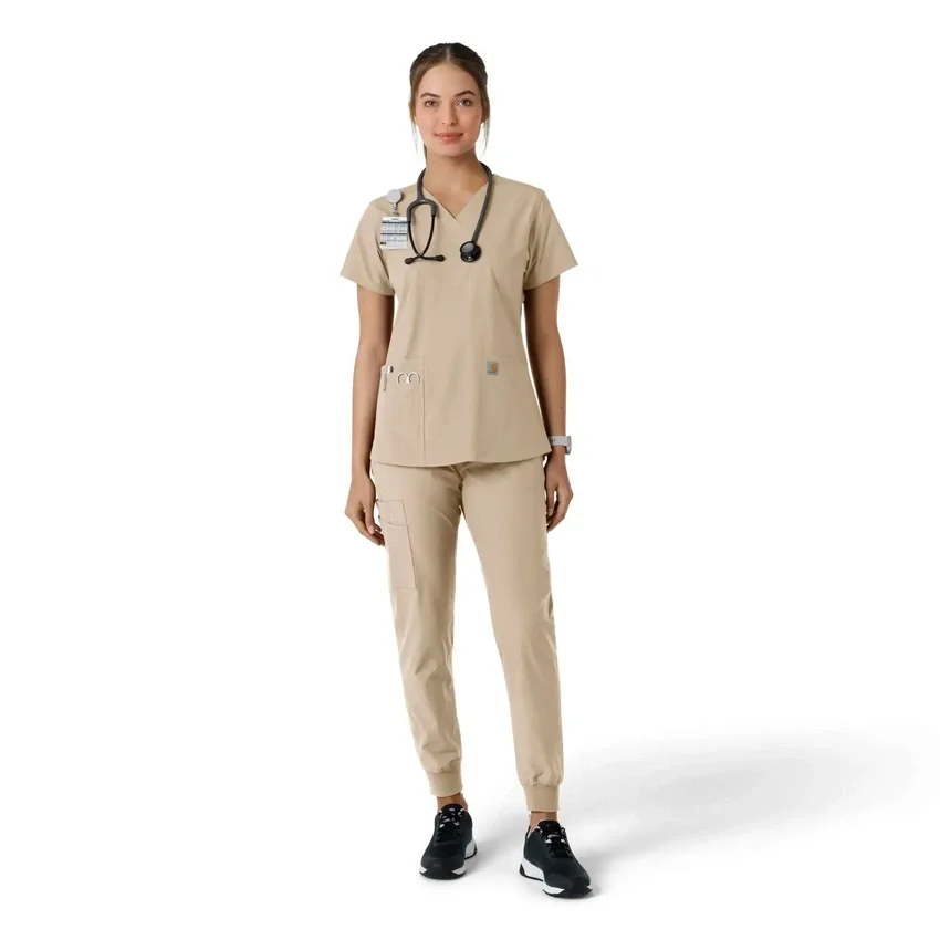 Force Essentials-scrubtop met V-hals en gebreide panelen voor dames