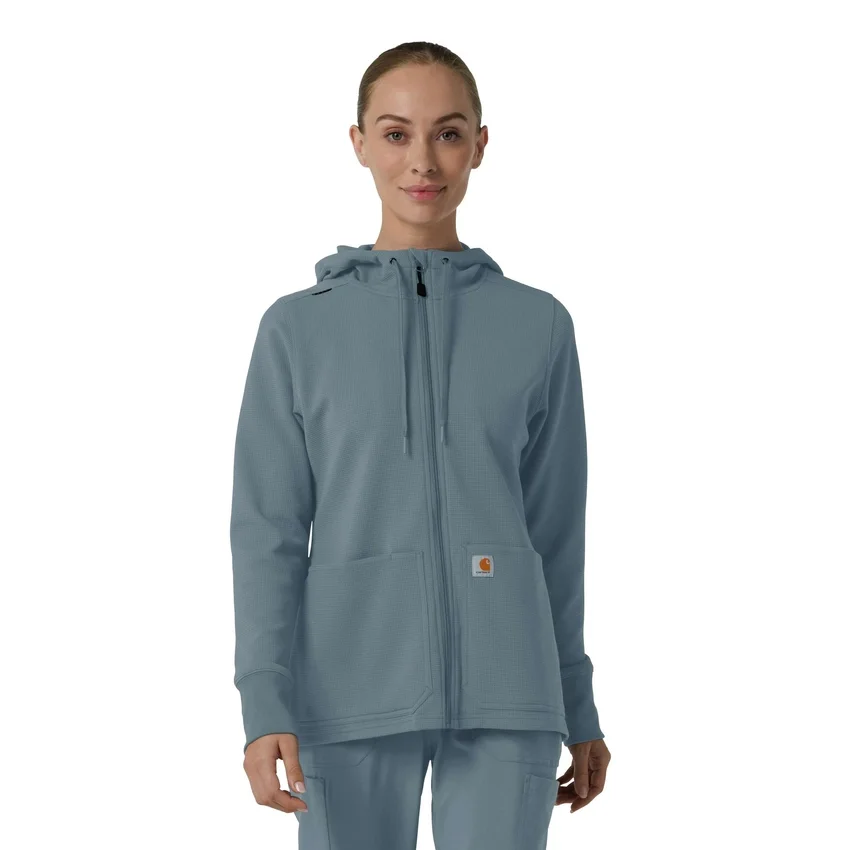 Waffel-scrubhoodie met doorlopende rits voor dames
