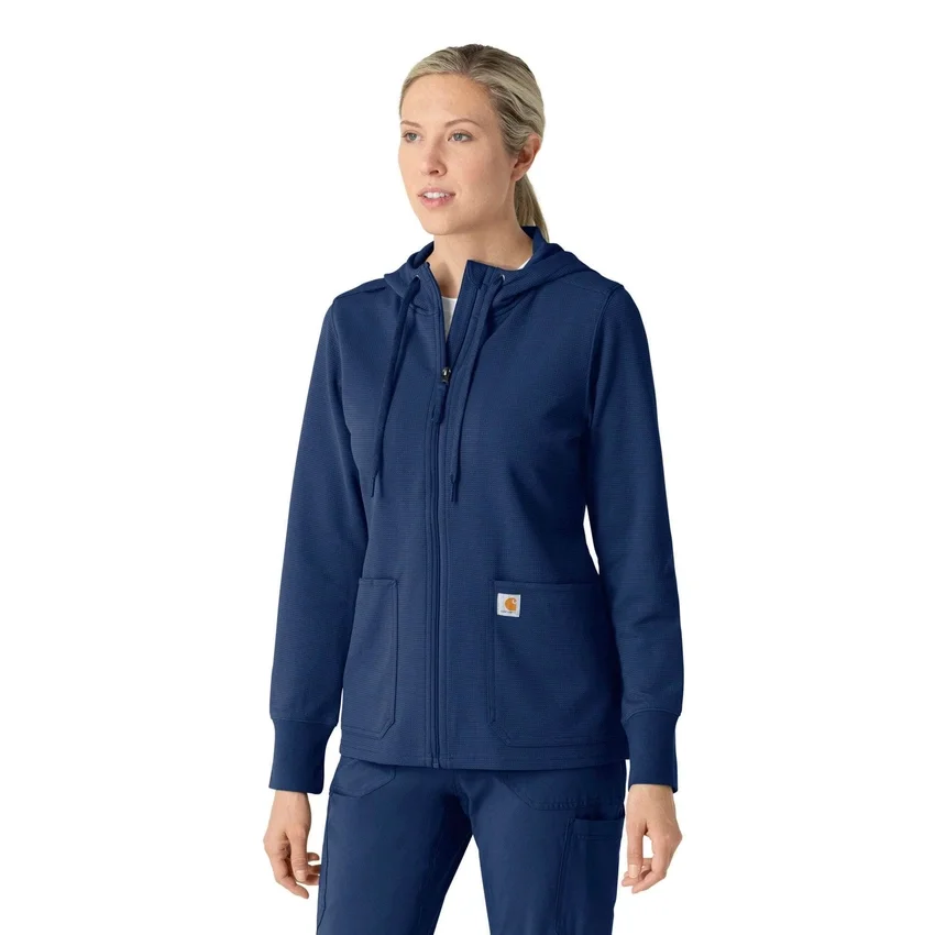 Waffel-scrubhoodie met doorlopende rits voor dames