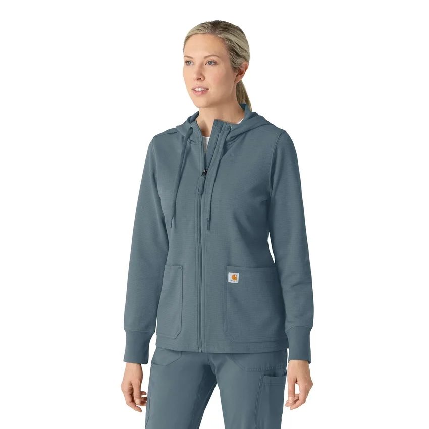 Waffel-scrubhoodie met doorlopende rits voor dames