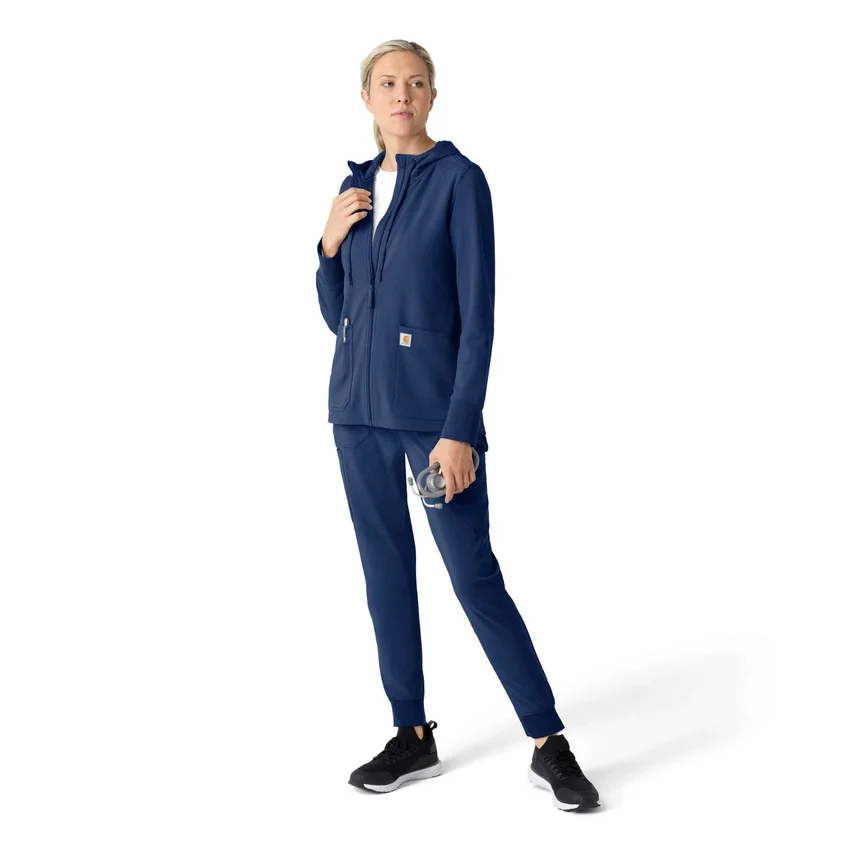 Waffel-scrubhoodie met doorlopende rits voor dames