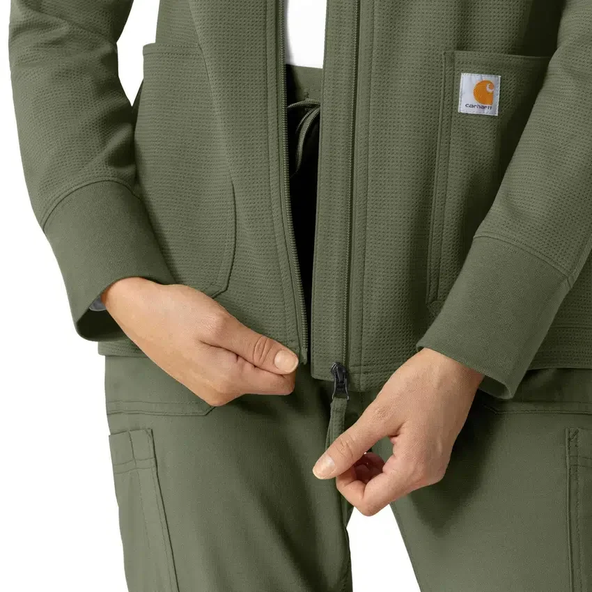 Waffel-scrubhoodie met doorlopende rits voor dames