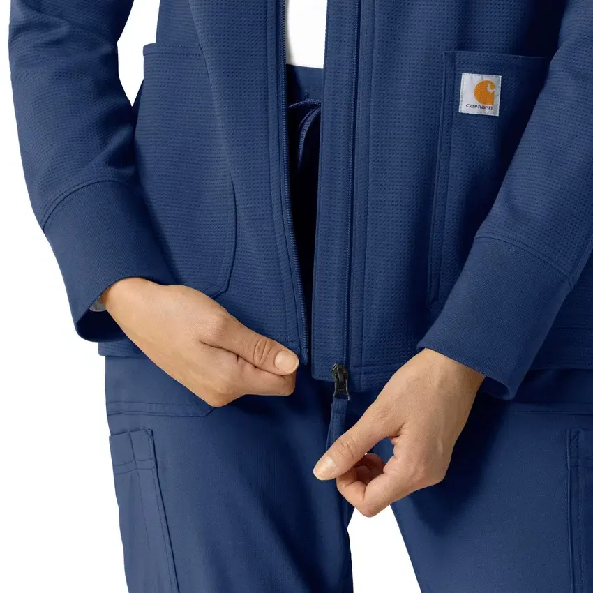 Waffel-scrubhoodie met doorlopende rits voor dames