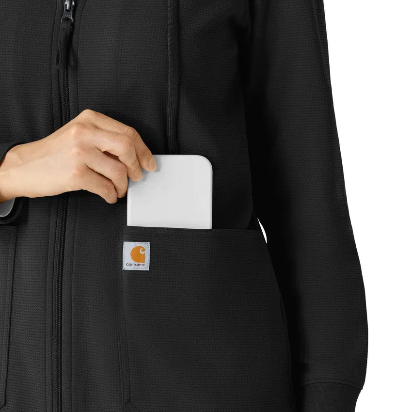 Waffel-scrubhoodie met doorlopende rits voor dames