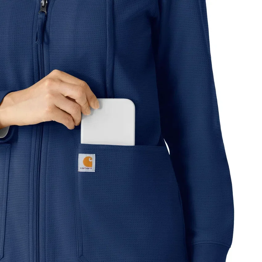 Waffel-scrubhoodie met doorlopende rits voor dames